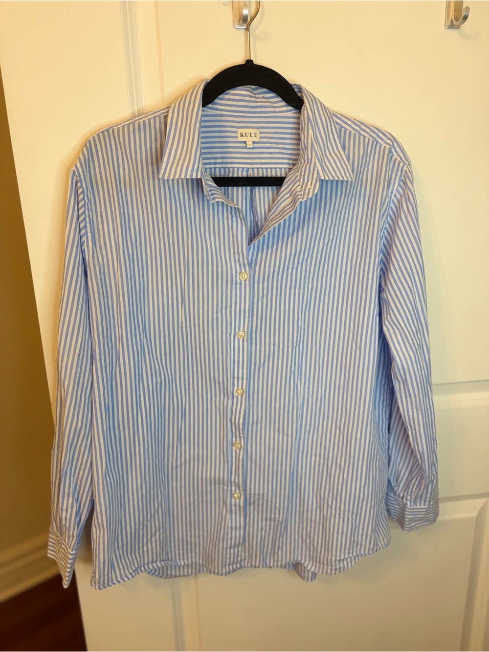Kule Light Blue White Striped Button Down Shirt Womens L Classic Cotton Oxford